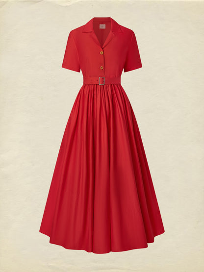 Robe longue en coton, unie, poches décoratives, col châle, mélange de lin, ceinture, vintage, manches courtes, rouge