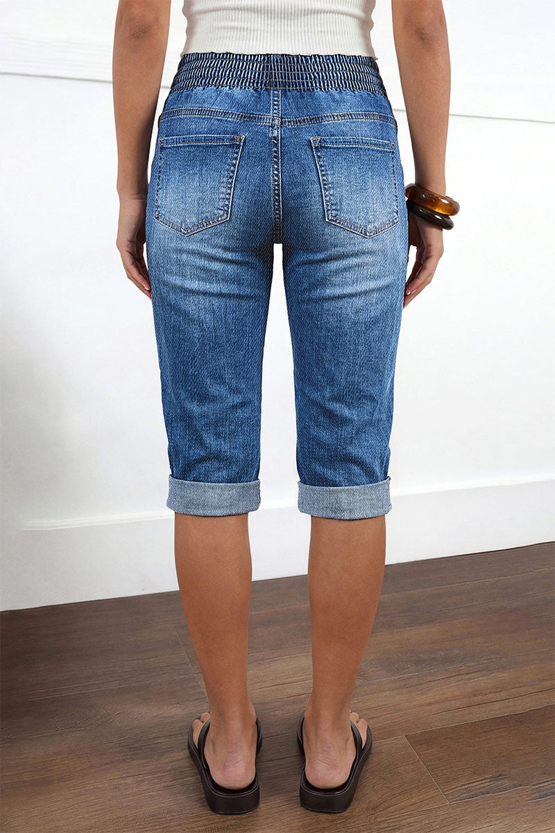 Drawstring Roll Hem Shirred Mid Waist Skinny Capri Jeans