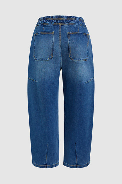 Drawstring Patched Pocket High Waist Barrel Leg Crop Jeans