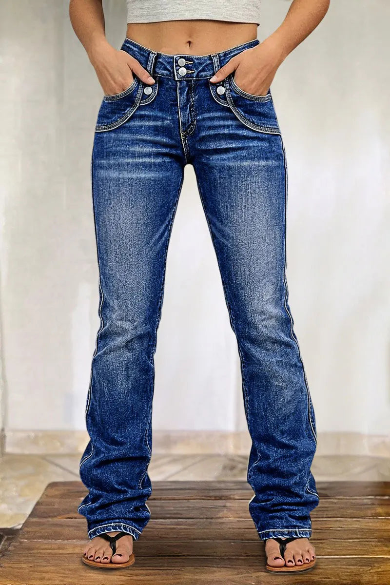 Wash Stitch Detail Mid Waist Bootcut Jeans