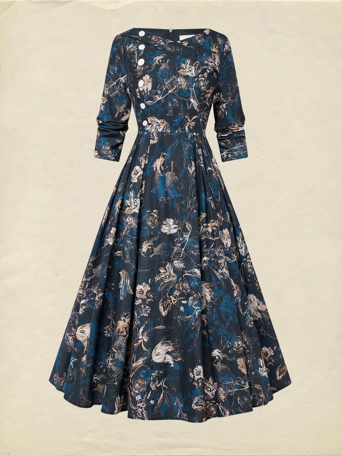 Robe midi en lin, manches longues, col en V, motif floral, boutonnée, style vintage, bleu foncé