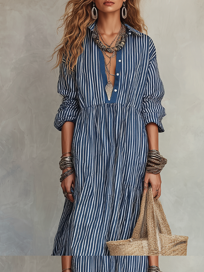 Robe longue bohème rayée indigo rétro