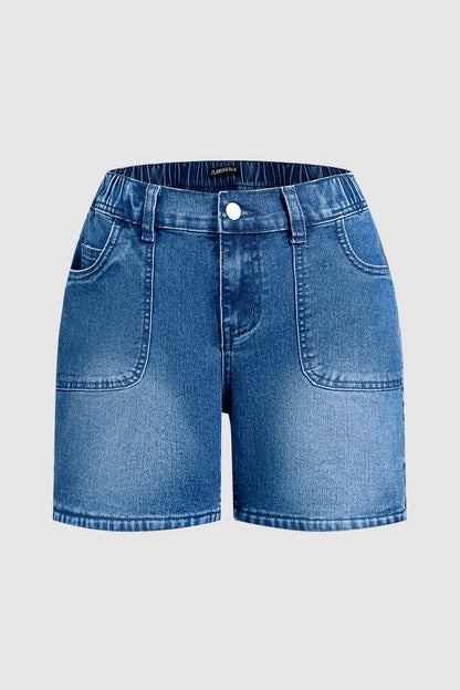 Wash Patch Pocket Split Hem Mid Rise Mid Thigh Denim Shorts