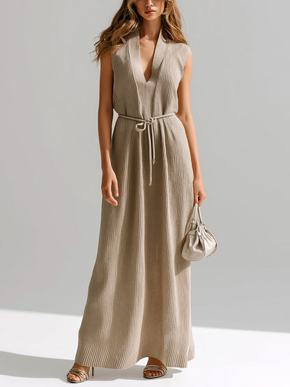 Chic Elegant Camel Deep V-Neck Sleeveless Loose-Fit Tie-Waist Ribbed Knit Maxi Dress
