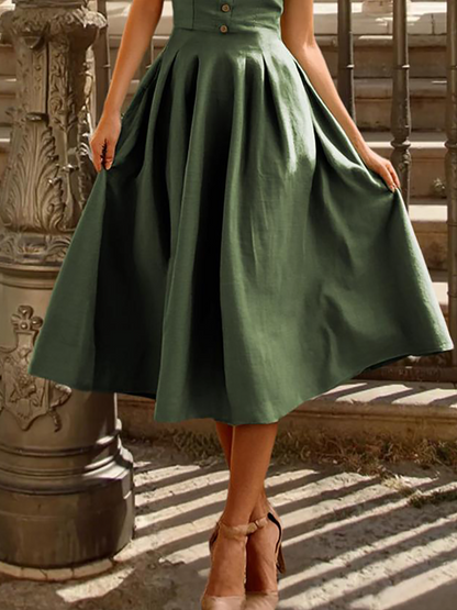 Robe midi en lin, manches courtes, unie, vintage, verte