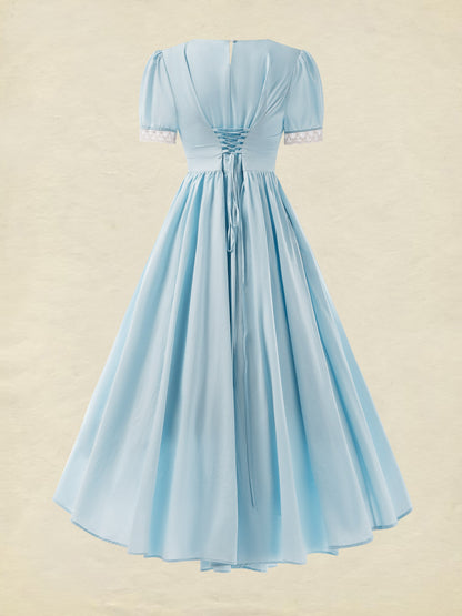 Robe longue en coton, Vintage, Unie, Été, Col en dentelle, Manches courtes, Bleue