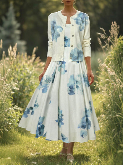 Robe longue en coton, sans manches, col carré, à fleurs, avec poches, vacances, vintage, blanc