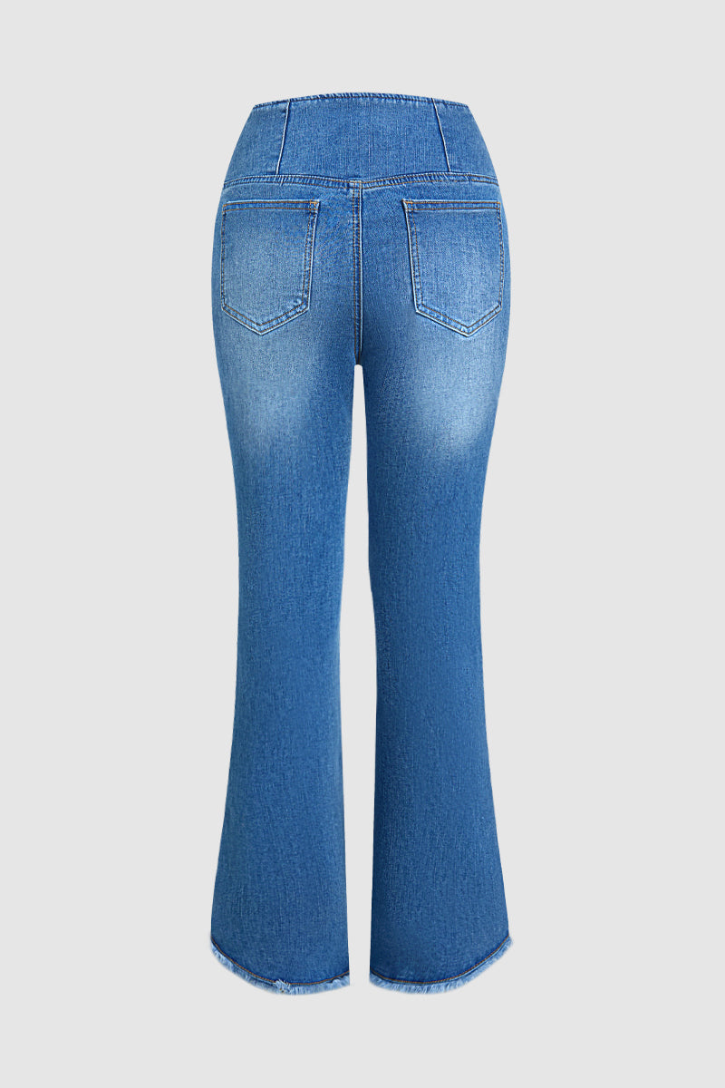 Plant Embroidery Raw Hem Asymmetrical Split Mid Waist Flare Jeans