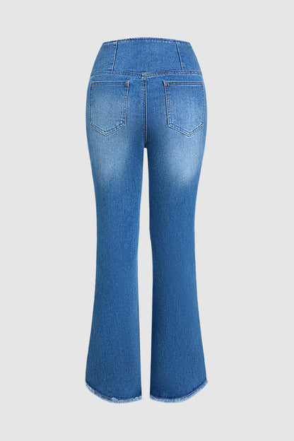 Plant Embroidery Raw Hem Asymmetrical Split Mid Waist Flare Jeans