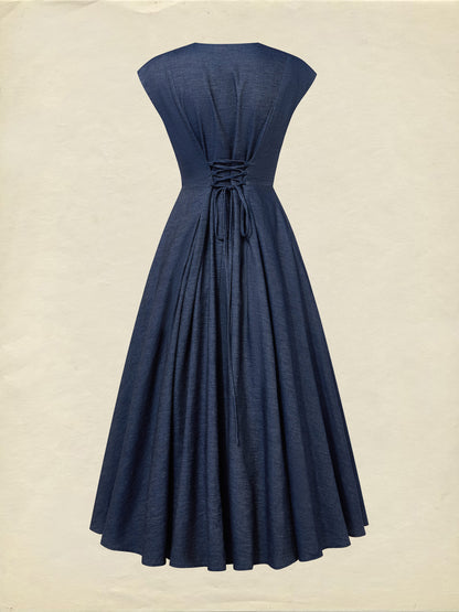 Robe longue en jean, Manches courtes, Encolure dégagée, Unie, Dentelle, Vintage, Bleu