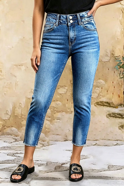Embroidery Pocket Raw Hem Mid Waist Skinny Capri Jeans