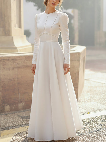 Robe longue en lin, manches longues, col rond, unie, style vintage français, blanche