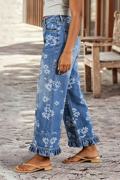Floral Pattern Ruffle Stitch Detail Mid Waist Wide Leg Crop Jeans