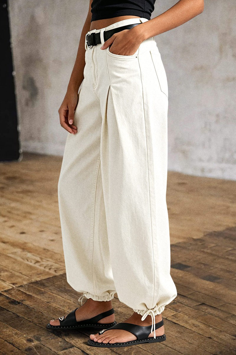 Solid Drawstring Stitch Detail Pleated Mid Waist Wide Leg Crop Pants Without Belt