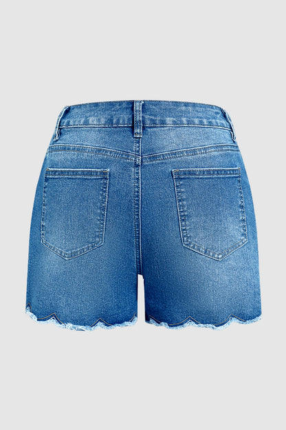 Wash Scallop Trim Raw Hem Mid Rise Denim Shorts