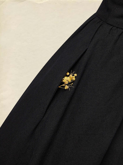 Robe longue en lin, Manches mi-longues, Col en V, Unie, Boutonnée, Style vintage, Noire