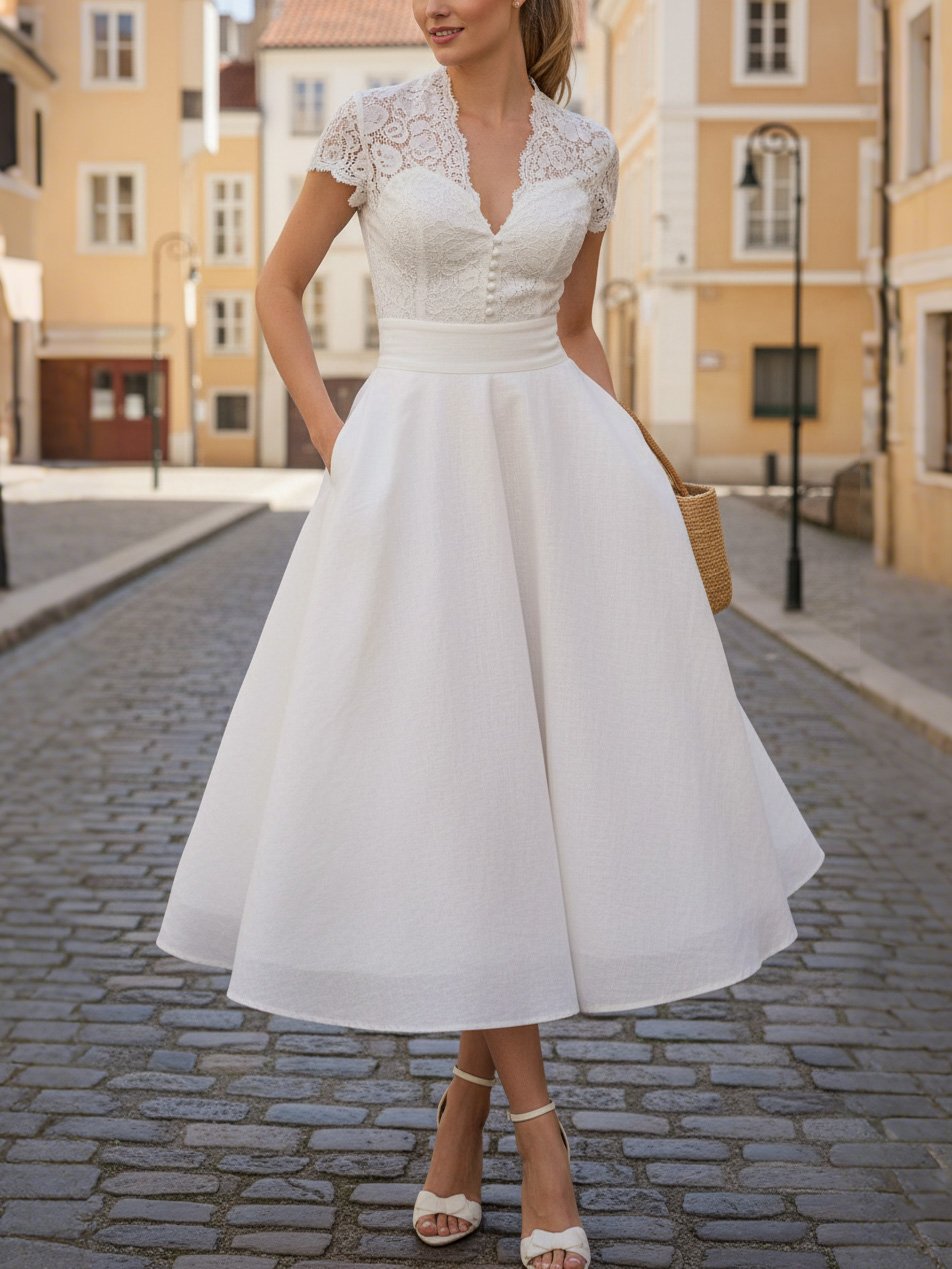 Robe Midi en Lin, Manches Courtes, Unie, Dentelle, Vacances, Vintage, Blanc