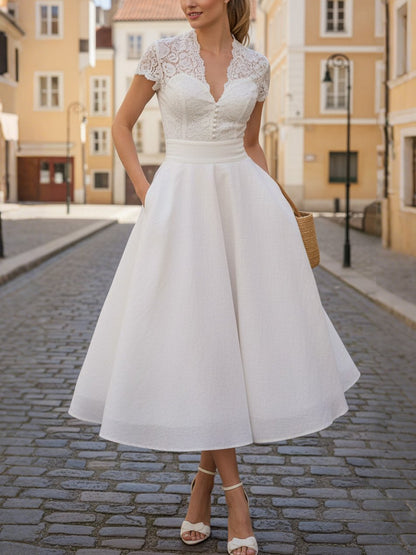 Robe Midi en Lin, Manches Courtes, Unie, Dentelle, Vacances, Vintage, Blanc