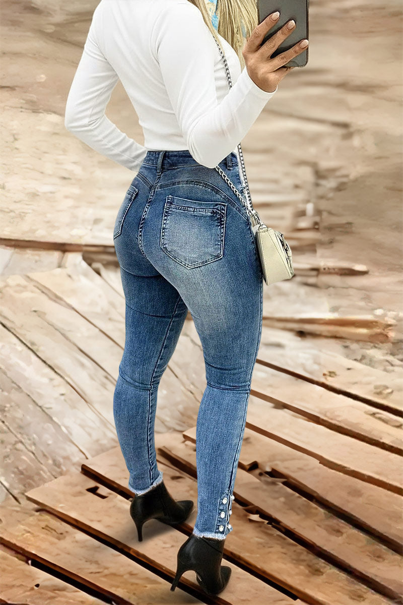 Pearl Button Side Raw Hem High Waist Skinny Jeans
