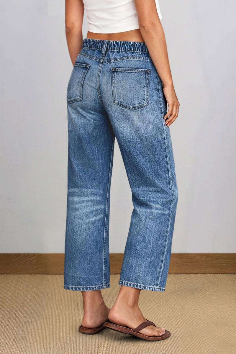 Wash Elastic Mid Rise Wide Leg Crop Jeans