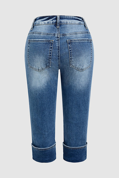 Button Tab Roll Hem Mid Waist Skinny Capri Jeans