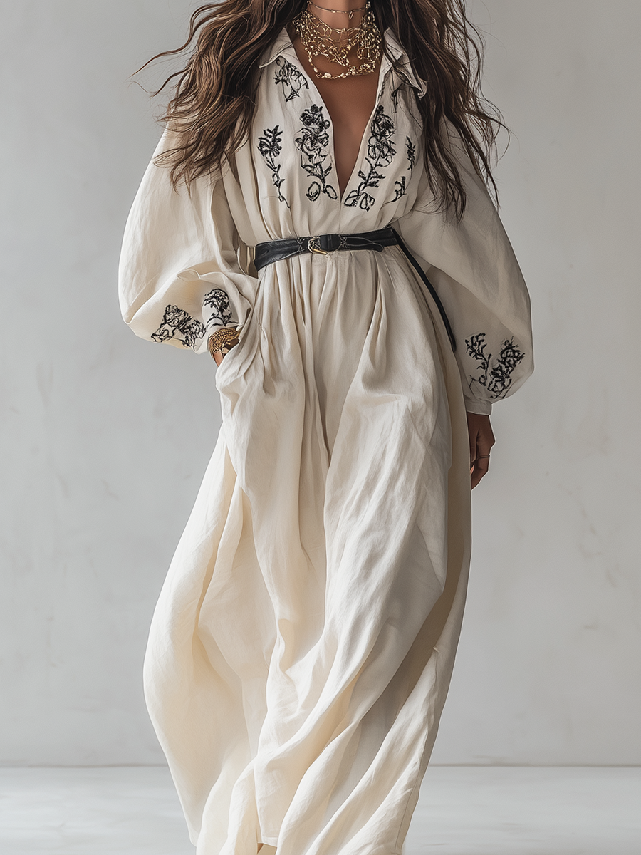 Robe longue chemise en lin crème brodée à manches bouffantes