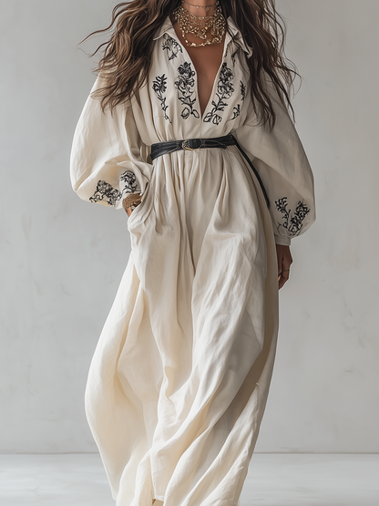 Robe longue chemise en lin crème brodée à manches bouffantes