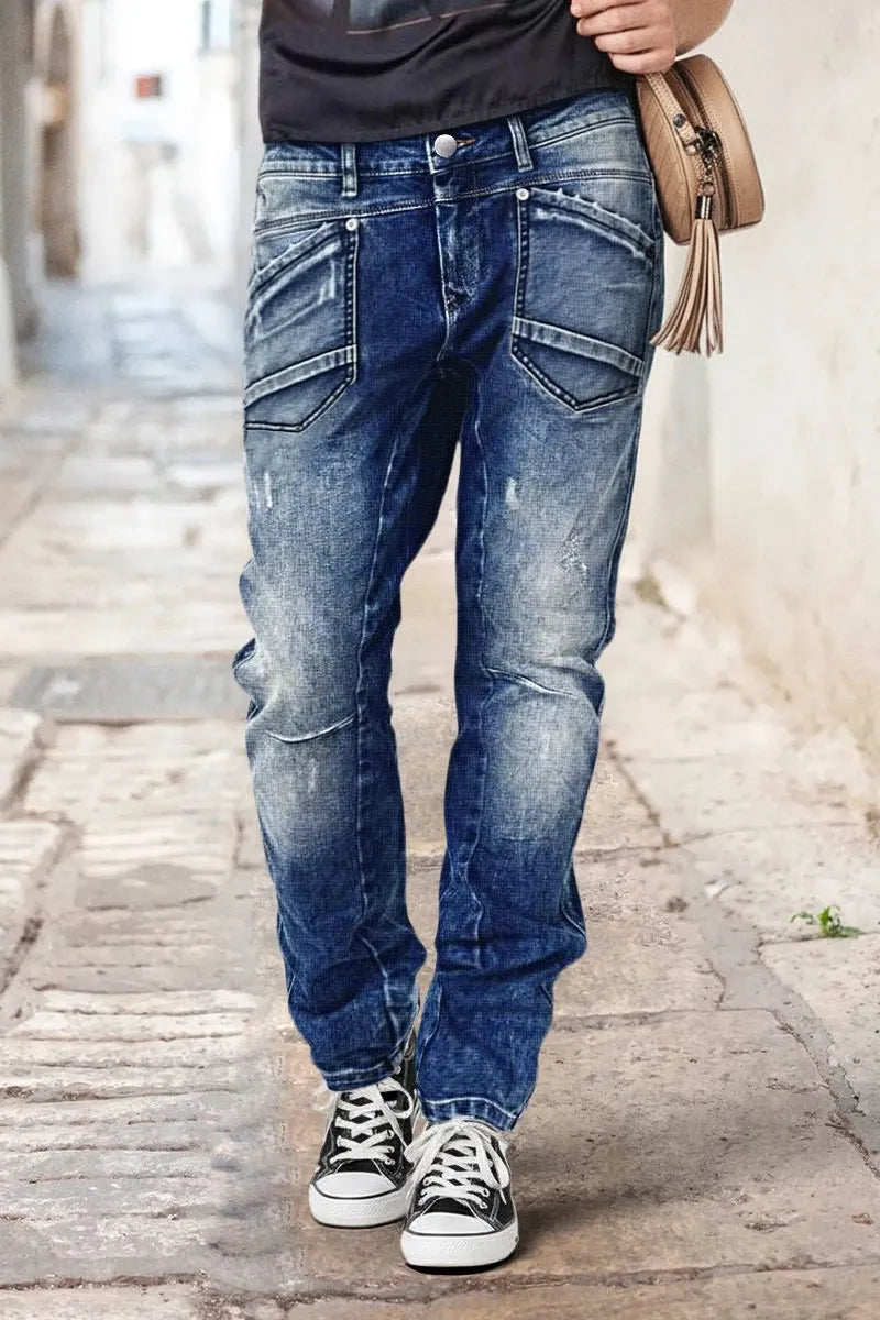 Wash Stitch Detail Flap Pocket High Waist Straight Leg Jeans