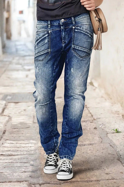 Wash Stitch Detail Flap Pocket High Waist Straight Leg Jeans