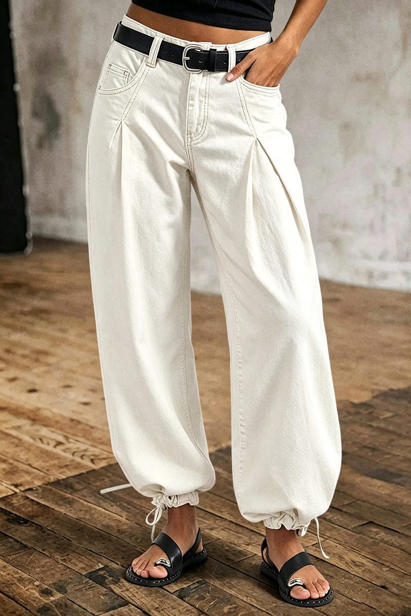 Solid Drawstring Stitch Detail Pleated Mid Waist Wide Leg Crop Pants Without Belt