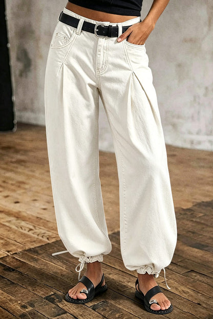 Solid Drawstring Stitch Detail Pleated Mid Waist Wide Leg Crop Pants Without Belt
