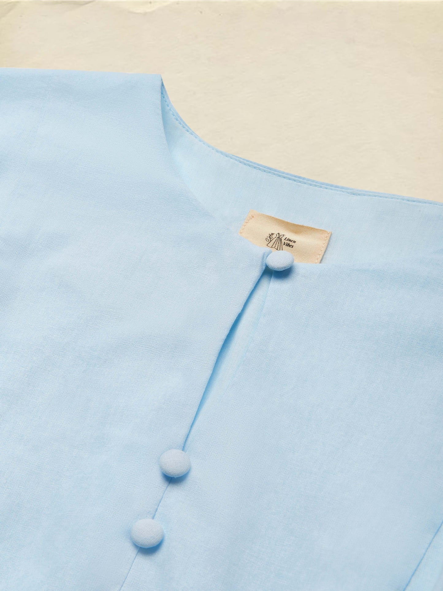 Robe midi en lin, Col ras du cou, Manches courtes, Boutonnée, Style champêtre, Mélange de lin, Bleue