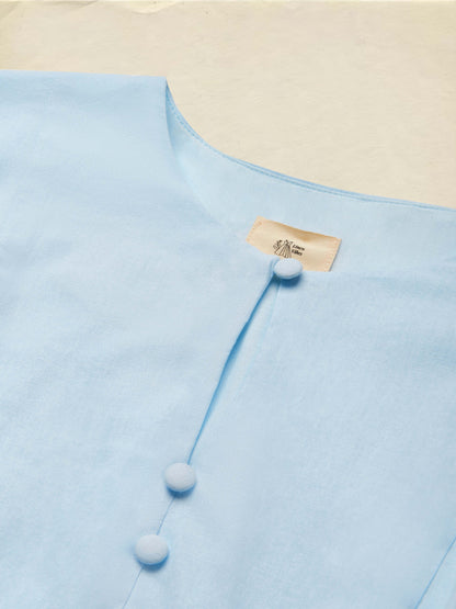 Robe midi en lin, Col ras du cou, Manches courtes, Boutonnée, Style champêtre, Mélange de lin, Bleue