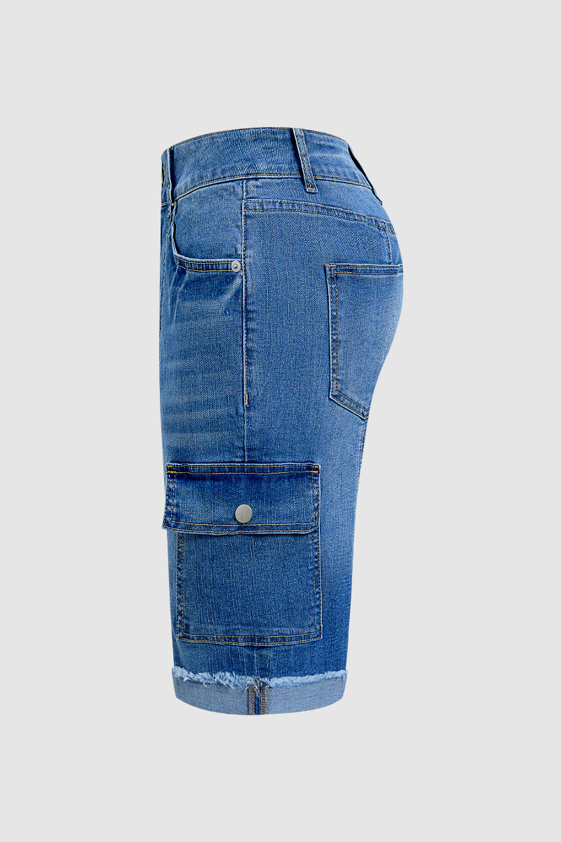 Raw Hem Stitch Detail Mid Waist Denim Cargo Bermuda Shorts