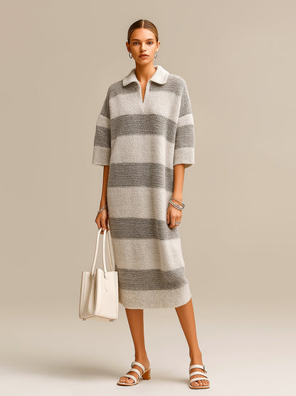 Chic Casual Gray Colorblock Stripes Lapel V-Neck Short-Sleeve Oversize Knit Midi Dress