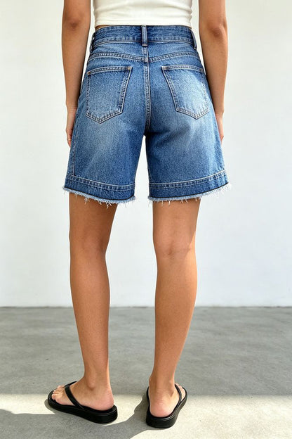 Wash Raw Hem Dual Button Mid Rise Mid Thigh Denim Shorts