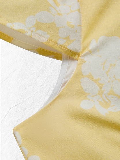 Robe midi en coton, manches courtes, à fleurs, style vintage français, jaune