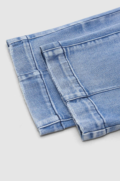 Wash Stitch Detail Mid Rise Barrel Leg Crop Jeans Without Belt