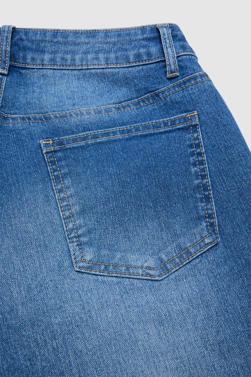 Raw Hem Ripped Mid Waist Straight Leg Capri Jeans