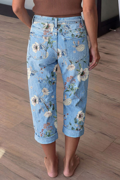 Floral Pattern Drawstring Stitch Detail Mid Waist Barrel Leg Capri Jeans