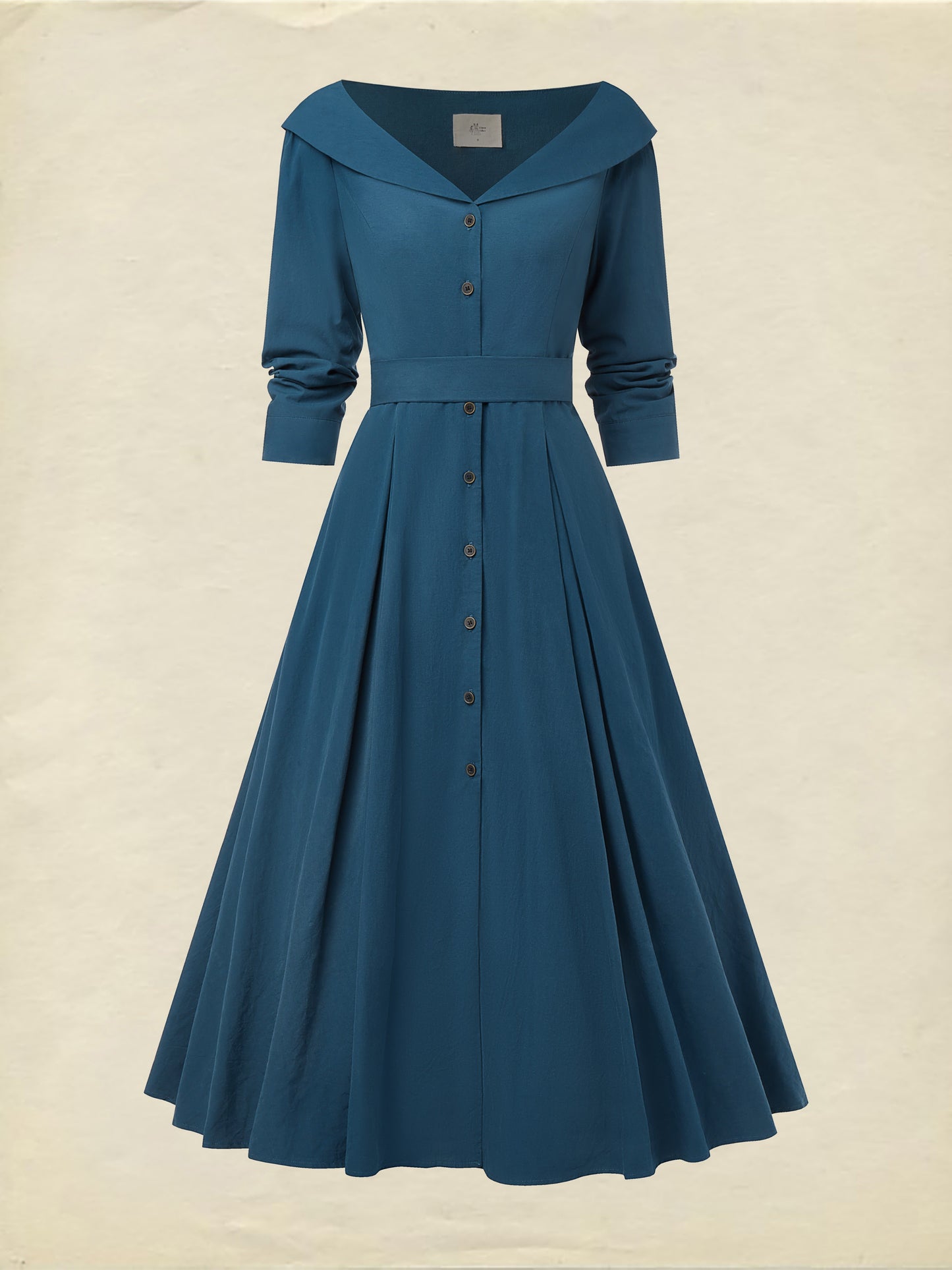 Robe midi en coton, demi-manches, col en V, unie, boutonnée, style vintage français, bleu marine