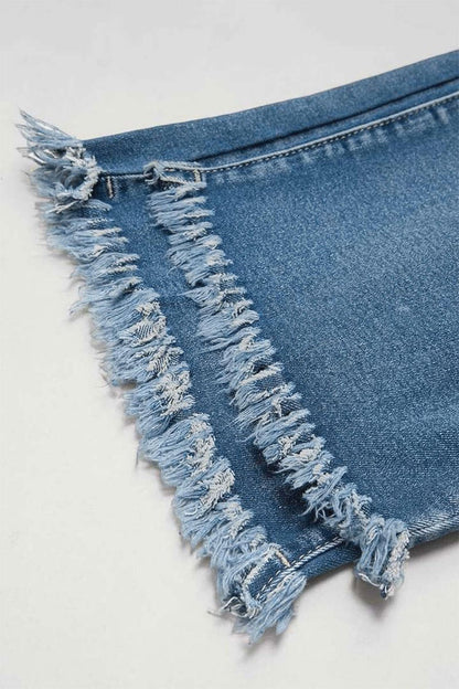 Wash Raw Hem Ripped Mid Rise Crop Straight Leg Jeans