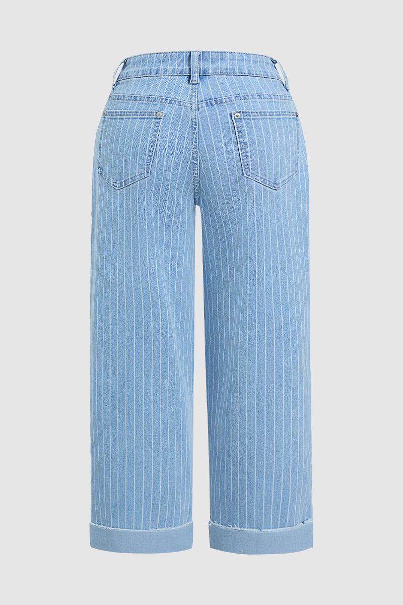 Striped Roll Hem Seam Front Mid Rise Straight Leg Crop Jeans Without Belt