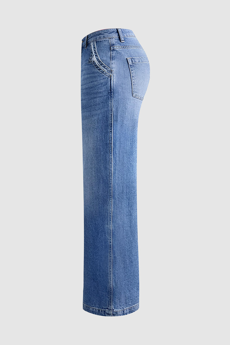 Wash Stitch Decor Wide Leg Mid Rise Jeans Without Belt