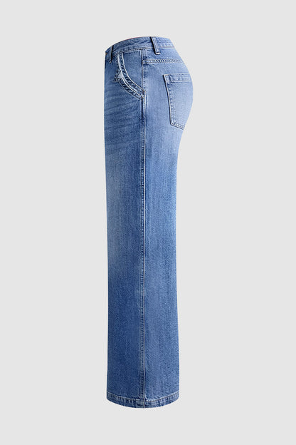 Wash Stitch Decor Wide Leg Mid Rise Jeans Without Belt