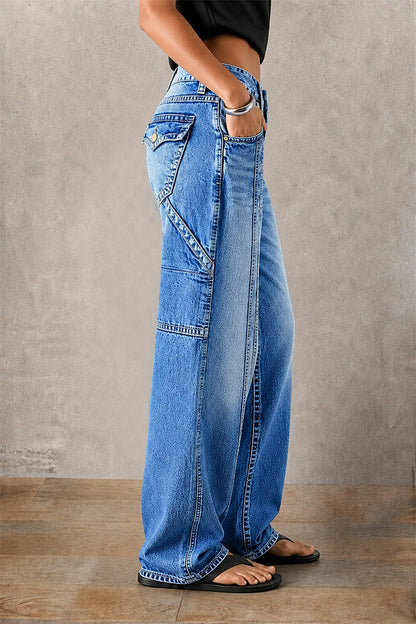 Stitch Detail Mid Waist Straight Leg Jeans