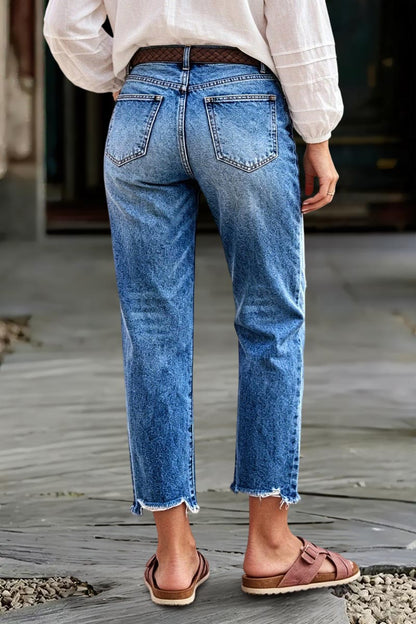 Wash Ripped Raw Hem Mid Rise Straight Leg Crop Jeans Without Belt