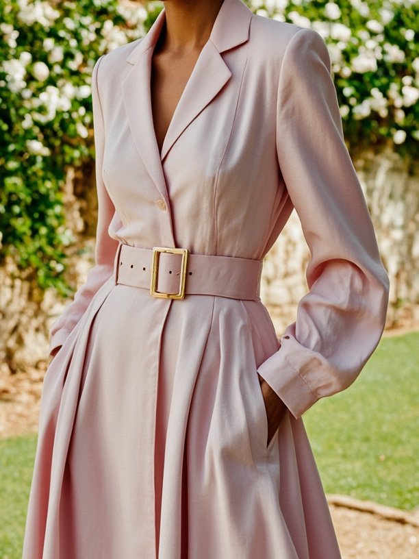 Robe longue en coton, Manches longues, Col à revers, Unie, Ceinturée, Vintage, Rose clair