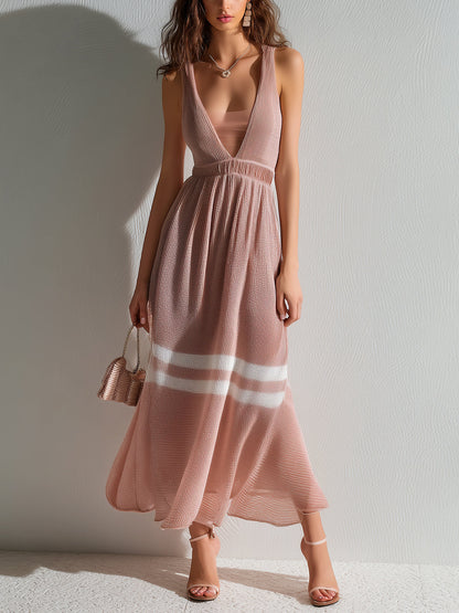 Chic Elegant Pink Mesh Patchwork Deep V-Neck Sleeveless Elastic Waist A-Line Stipe Detail Knit Maxi Dress