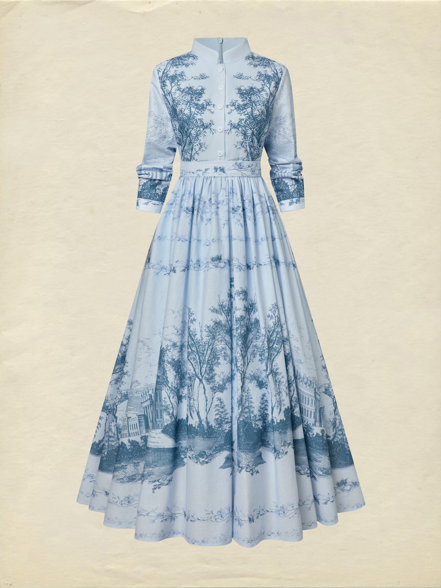 Robe longue en coton, manches longues, col montant, motif floral, poches, style vintage, bleue